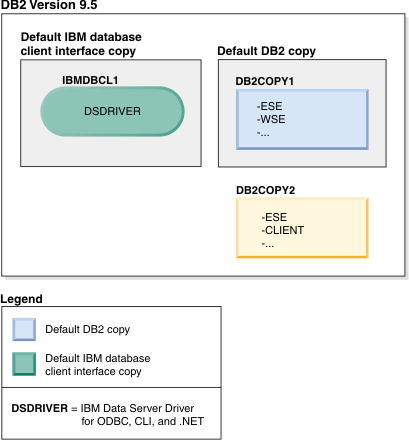 An example of a single IBM Data Server Driver copy and multiple DB2 copies present on the same machine.