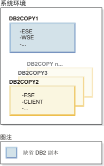 您的系统环境包括多个 DB2 副本，其中有一个是缺省 DB2 副本。