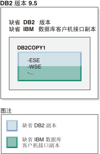 缺省 DB2 副本和缺省 IBM 数据库客户机接口副本的示例。