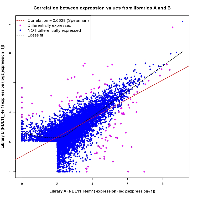 Scatter plot of expression values for comparison: NBL11_Rem1_vs_NBL11_Rel1 and data type: Intron