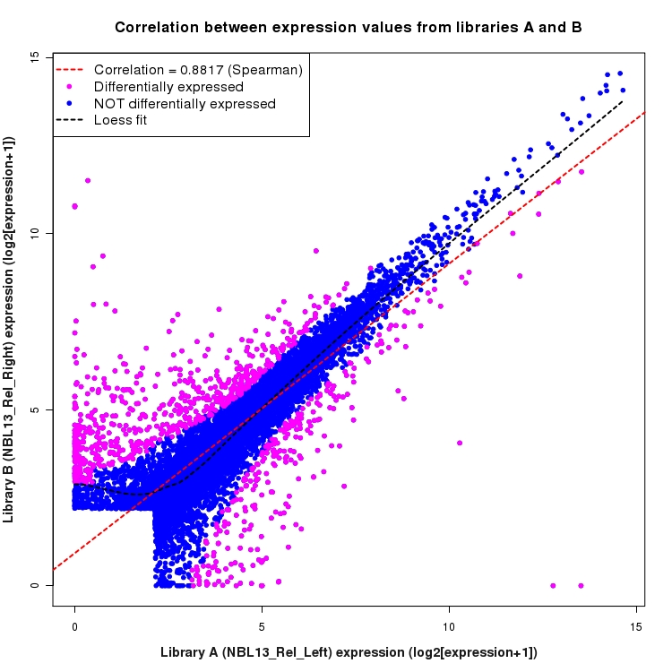Scatter plot of expression values for comparison: NBL13_Rel_Left_vs_NBL13_Rel_Right and data type: Gene