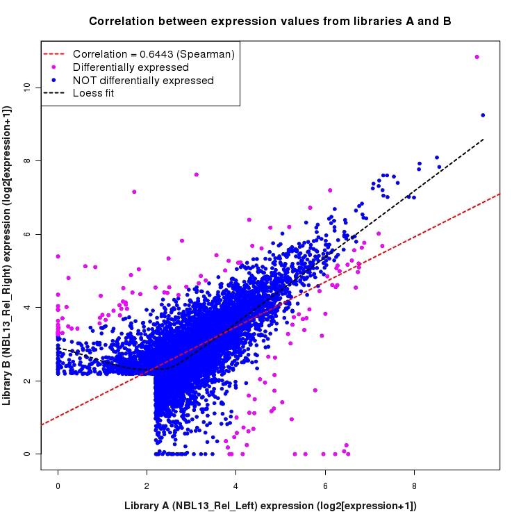 Scatter plot of expression values for comparison: NBL13_Rel_Left_vs_NBL13_Rel_Right and data type: Intron