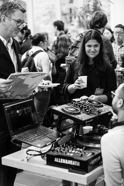 The GSC’s very own record composed of the sounds made from GSC’s laboratory equipment, GeneMachines, was played by research programmer and DJ Javier Castillo Arnemann. Photo by Martin Krzywinski.