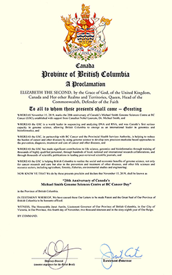 B.C. Government Proclamation donating 15 November 2019 as "20th Anniversary of Canada's Michael Smith Genome Sciences Centre at BC Cancer Day"